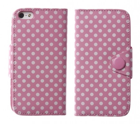 Flipp Lommebok iPhone 5 Polka Rosa/Hvit