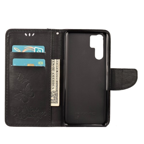 Huawei P30 Pro Etui m/kortlommer Roser og Sommerfugl Svart