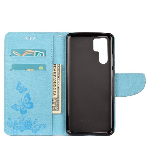 Huawei P30 Pro Etui m/kortlommer Roser og Sommerfugl Lys Blå