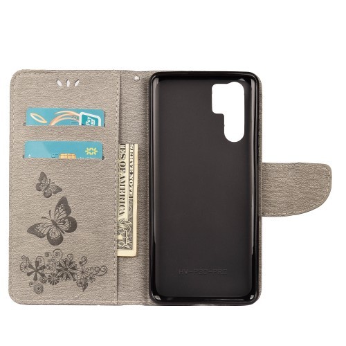 Huawei P30 Pro Etui m/kortlommer Roser og Sommerfugl Grå