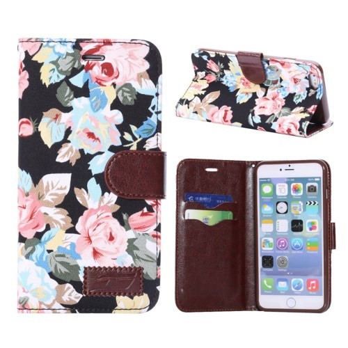 Etui for iPhone 6 Pluss Rose m/kortlommer Svart