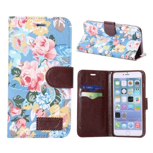 Etui for iPhone 6 Pluss Rose m/kortlommer Lyse Blå