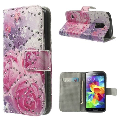 Etui for Galaxy S5 Mini m/kortlommer Glitter Roser