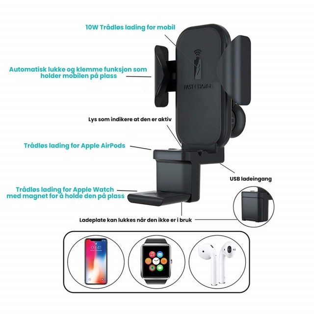 3i1 Trådløs Mobillader for iPhone/ AirPods/ Apple Watch