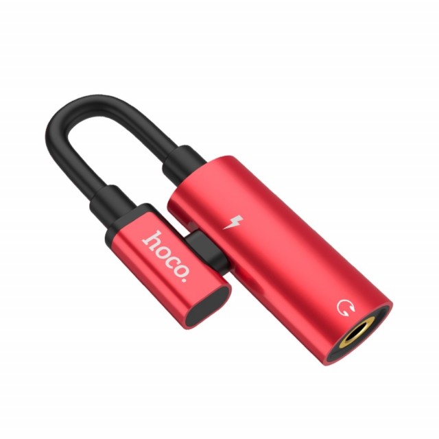 USB Type-C 2i1 Adapter / Splitter - med 3.5 mm port Hoco Rød